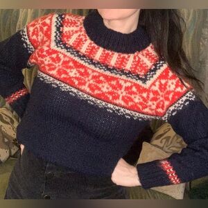 Vintage Norweigan Wool Navy and Red Patterned Women's Sweater